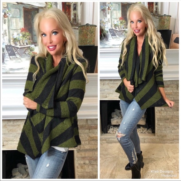 Fab💚Striped green & black classy open sweater - Picture 1 of 6